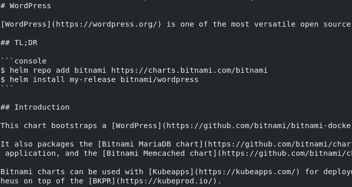 Figure 3.8 – The wordpress chart’s README file shown in the command line
