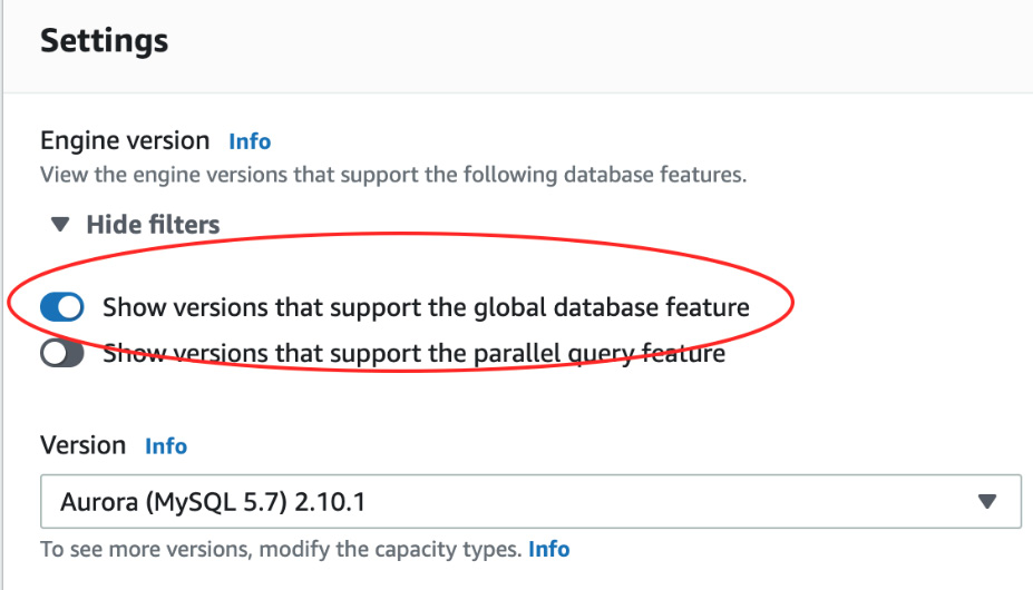 Figure 5.8 – Show only versions that support Global Database
