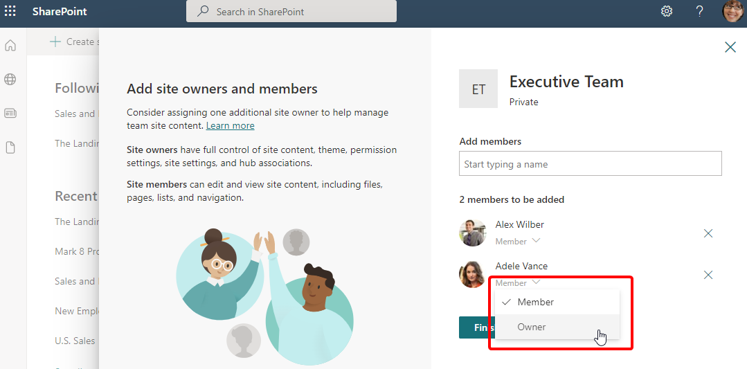 Figure 2.11: Adding members to a team site