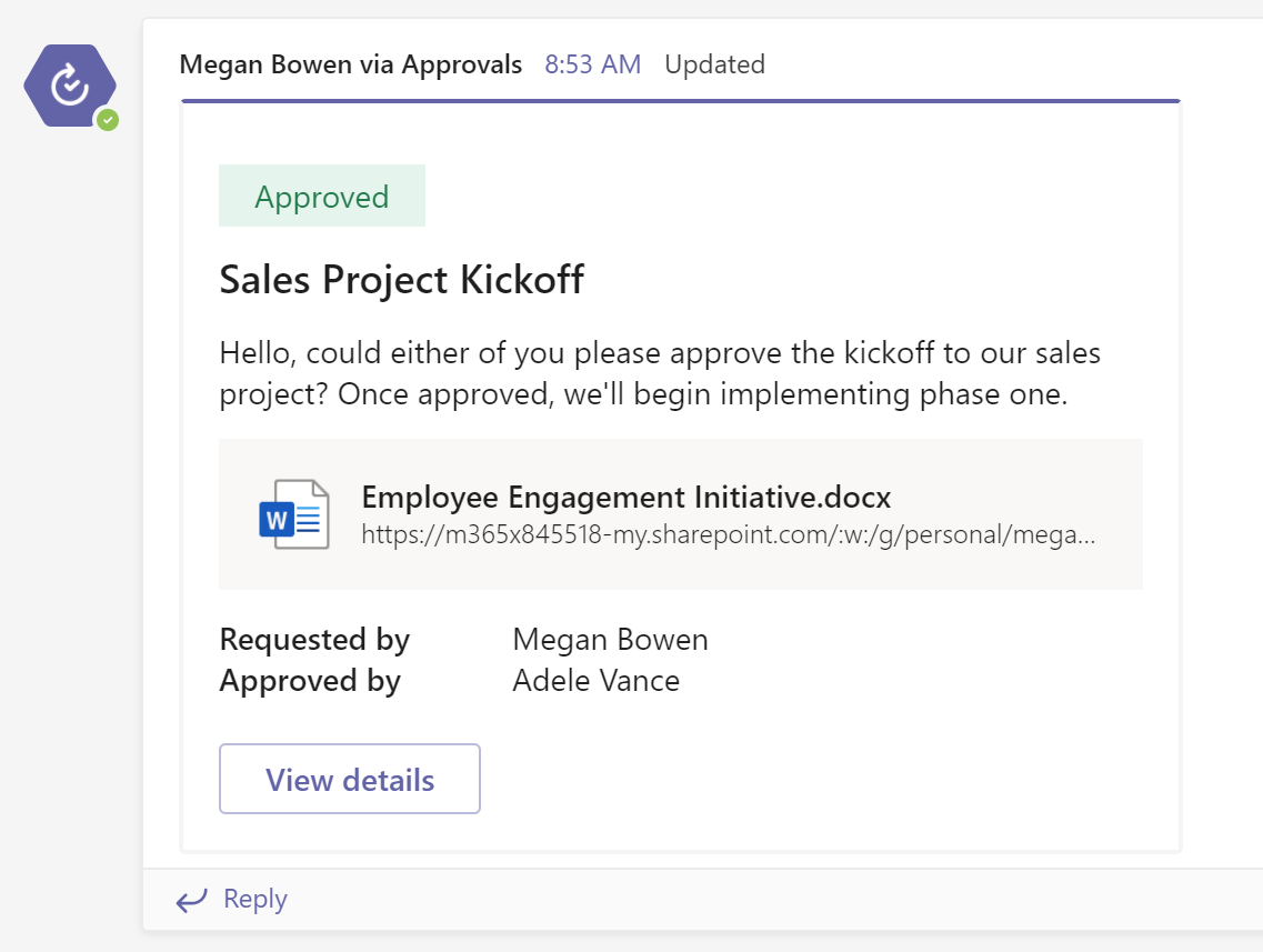 Figure 8.83: A completed approval showing an Approved response