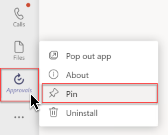 Figure 8,86: The pin option for the Approvals app on Teams’ left-nav menu