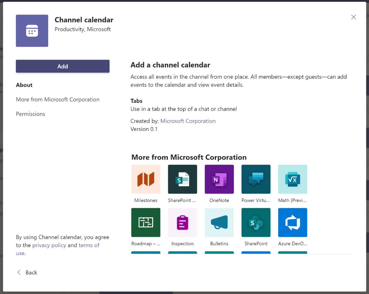 Figure 8.94: Channel calendar app information seen when adding