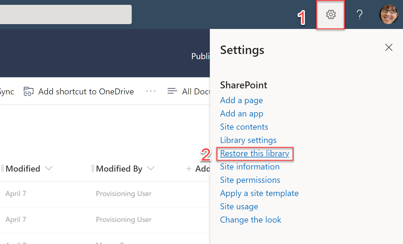 Figure 2.38: Option to restore library under SharePoint in the site settings menu