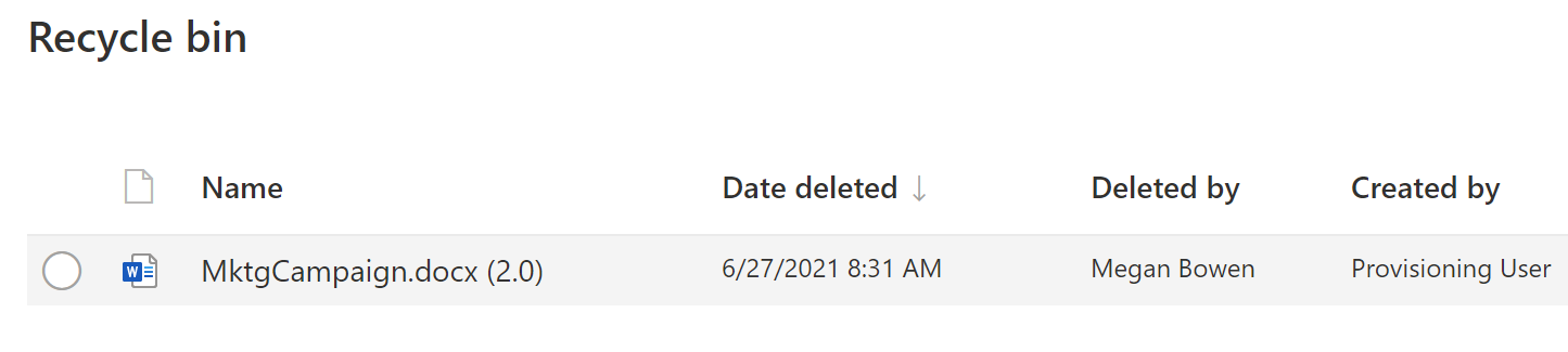 Figure 2.41: Deleted items have a version number after their name in the recycle bin