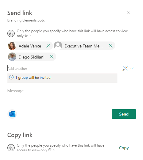 Figure 2.45: Option to send a message with a shared file