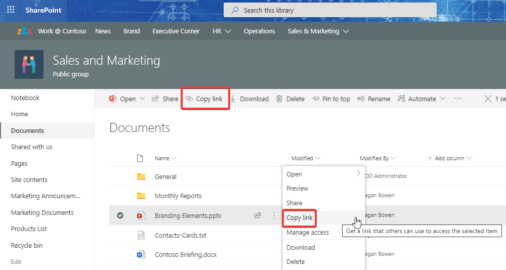 Figure 2.49: Two methods of copying the link of an item