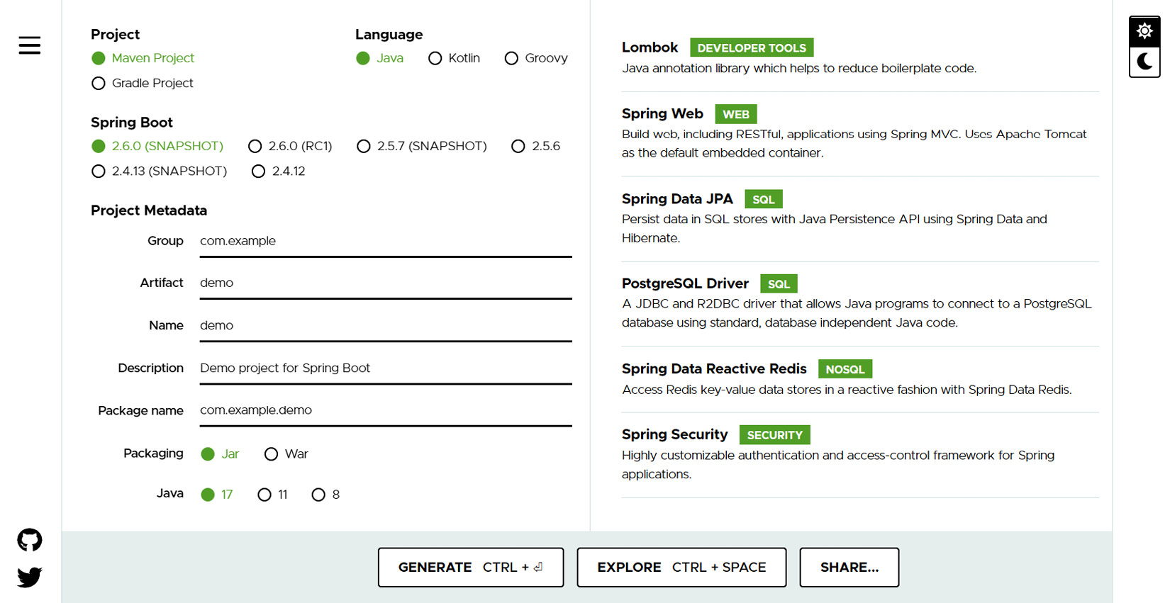 Figure 3.4 – Generating Spring Boot with the dependencies