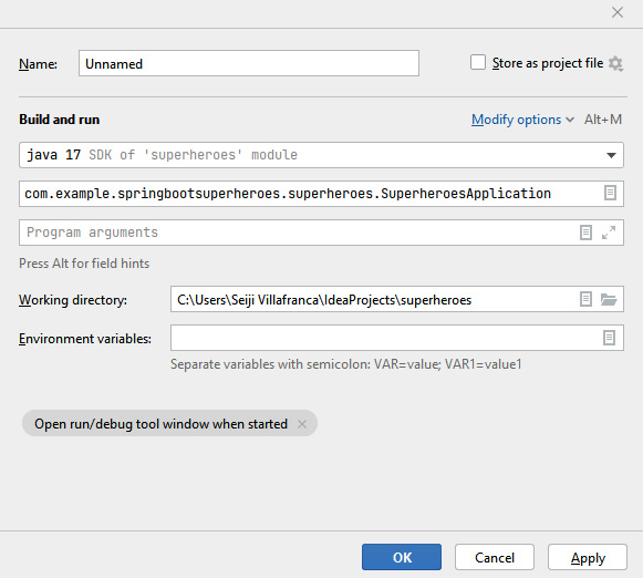 Figure 5.5 – Configuration for application