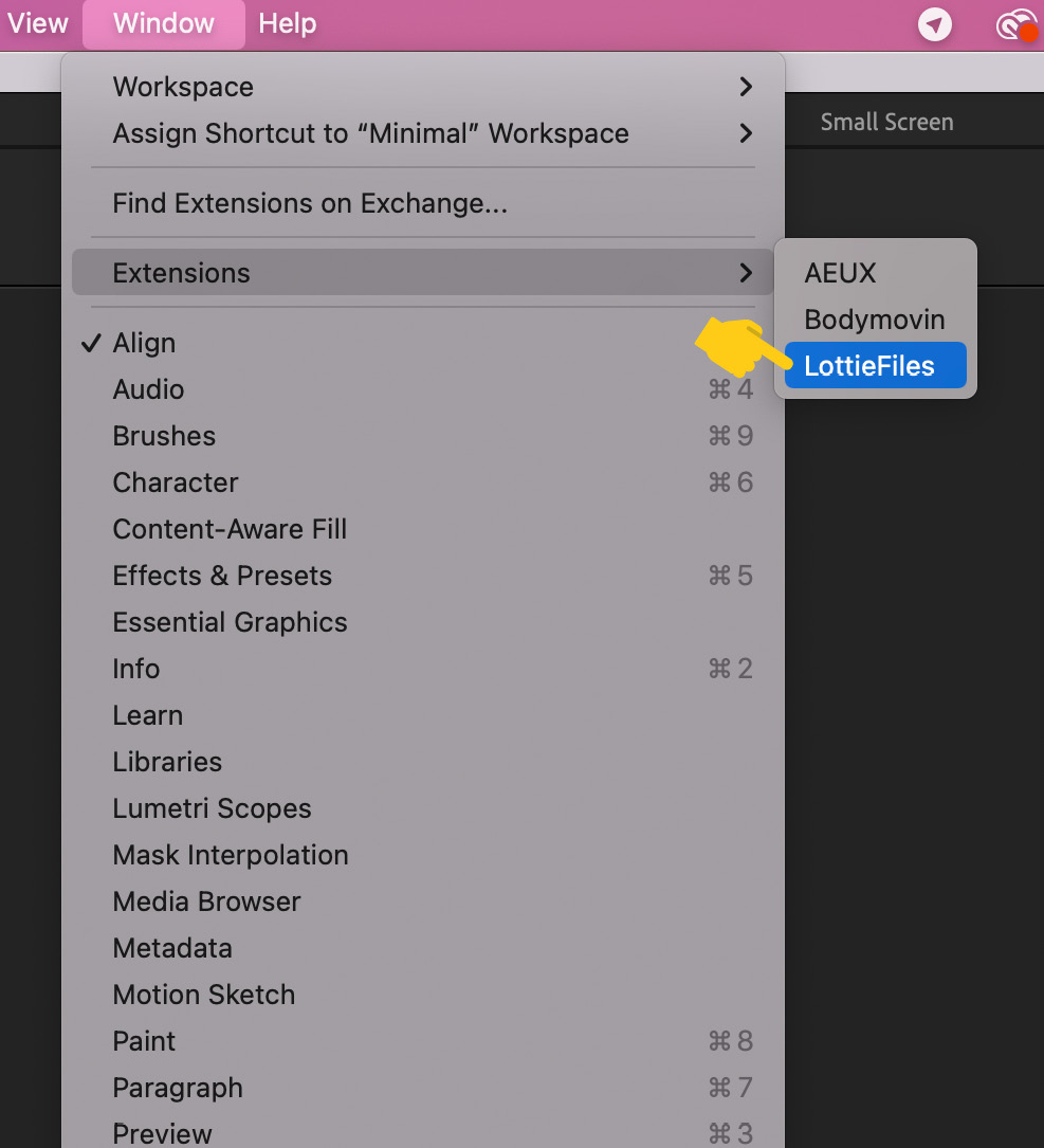 Figure 5.6 – Opening the LottieFiles panel in AE
