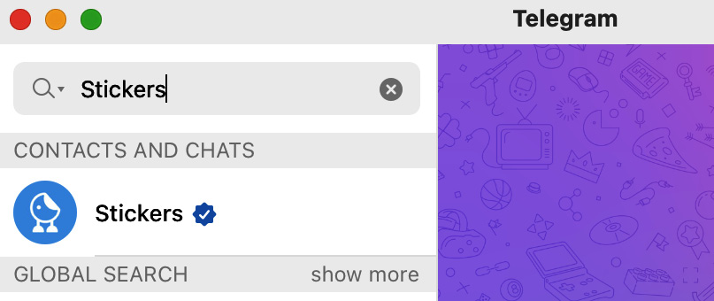 Figure 5.49 – Telegram for desktop searching for stickers bot chat
