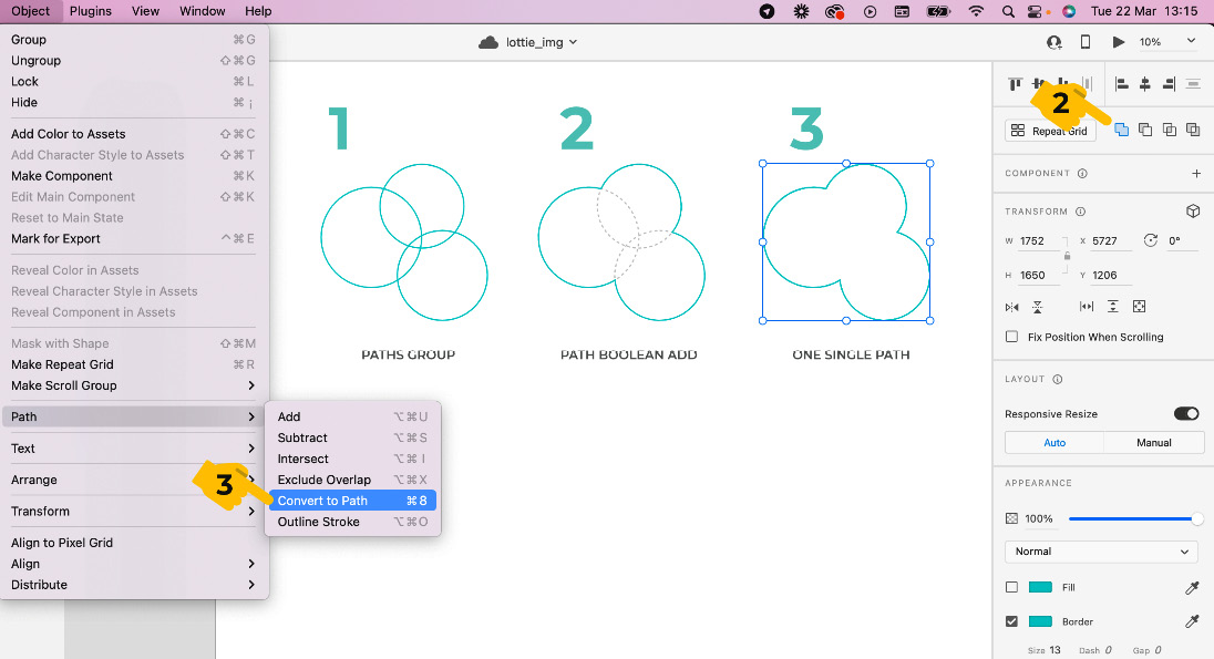 Figure 6.29 – Converting multiple paths to a single path in XD
