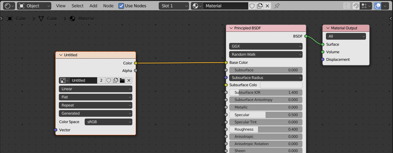 Figure 4.14 – Successful connection of the Color node to the Principle BSDF node