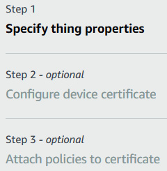 Figure 8.11 – Steps to create a thing on AWS IoT Core
