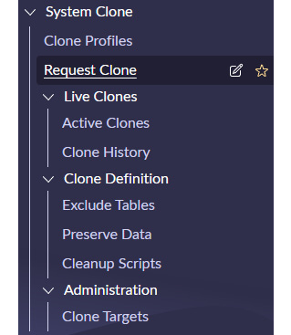 Figure 6.3 – The System Clone menu contains the tools for the management of clones
