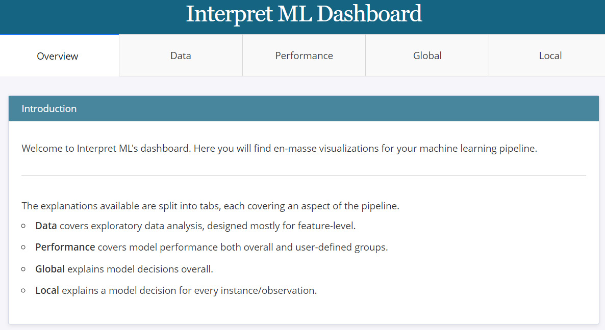 Figure 9.18 – The InterpretML dashboard consolidating all individual plots

