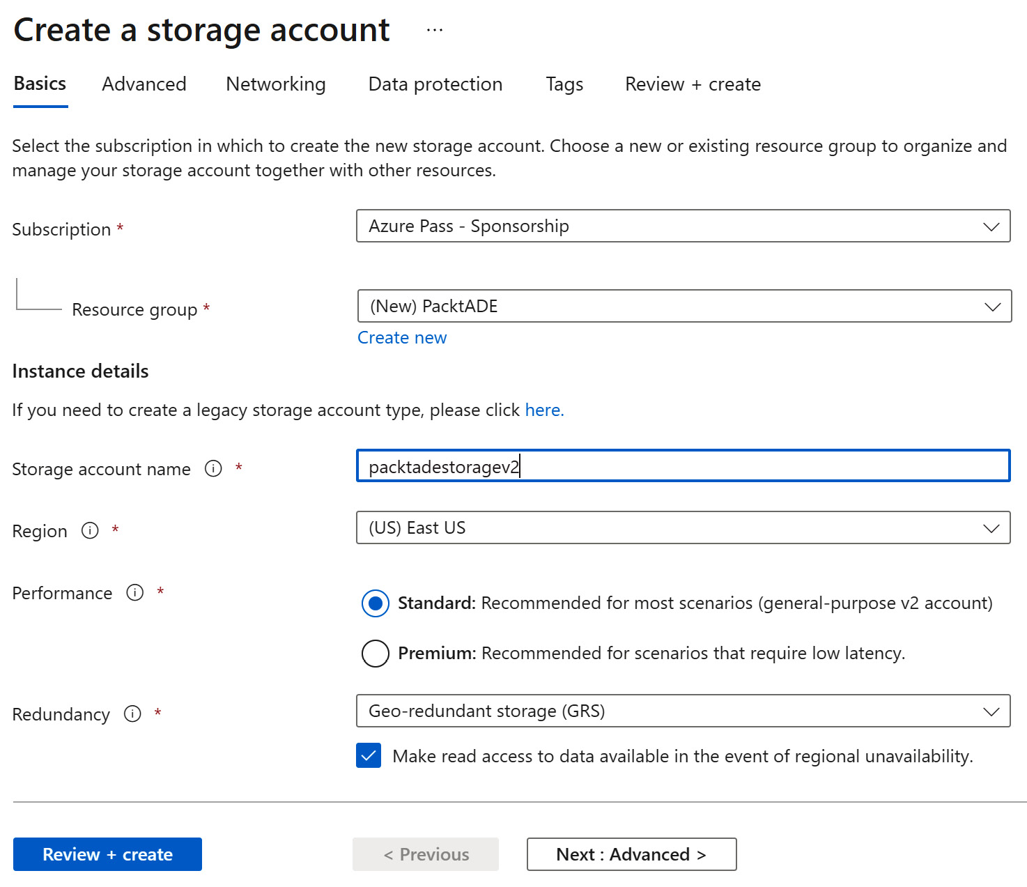 Figure 1.1 – The Create a storage account Basics tab
