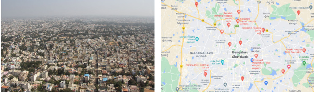 Figure 1.1 – An aerial view of Bengaluru (left) and a map of Bengaluru (right)
