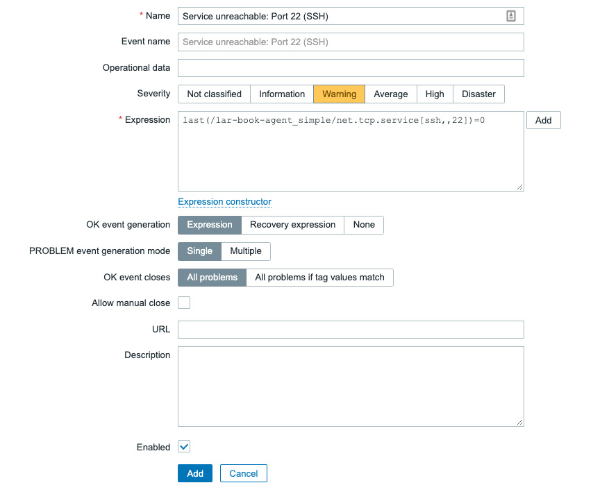 Figure 4.1 – The Zabbix trigger creation page, Service unreachable
