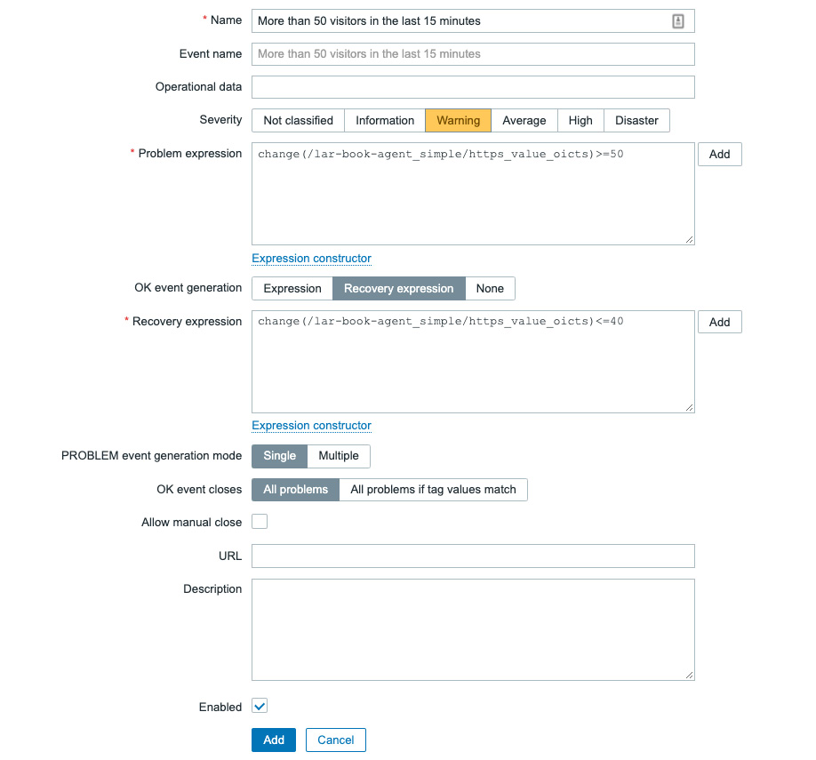 Figure 4.3 – The Zabbix trigger creation page, More than 50 visitors trigger
