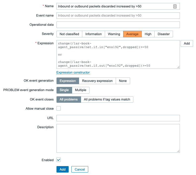 Figure 4.4 – The Zabbix trigger creation page, inbound or outbound packets trigger
