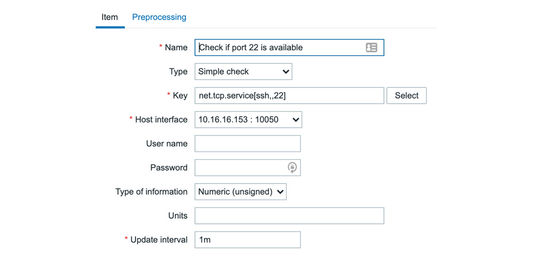 Figure 4.8 – The Zabbix item configuration page, port 22 availability item
