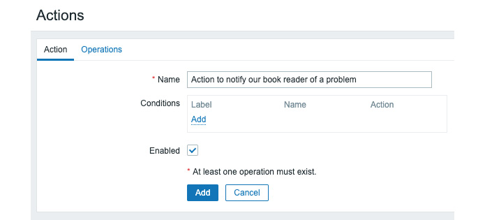 Figure 4.26 – The Zabbix Action creation page, notify book reader
