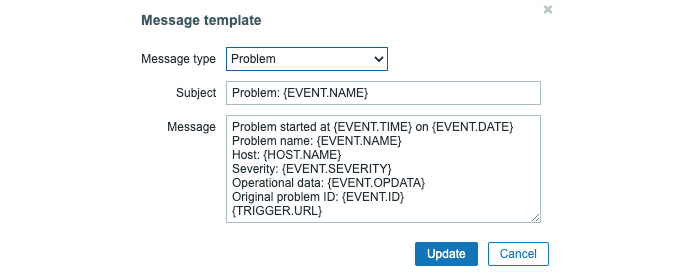 Figure 4.33 – The default Zabbix Message template page for problems
