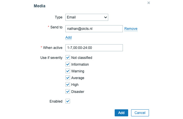 Figure 4.35 – The Zabbix User Media creation page for the Admin user
