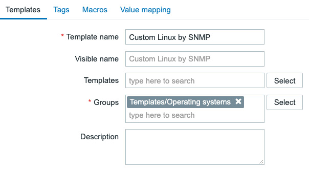 Figure 5.2 – The create template page filled with information for the SNMP template
