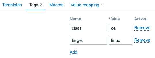 Figure 5.6 – Zabbix Tags tab filled out for the SNMP template
