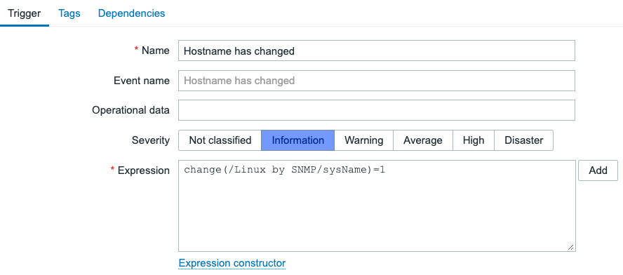 Figure 5.15 – Create trigger window for the SNMP template
