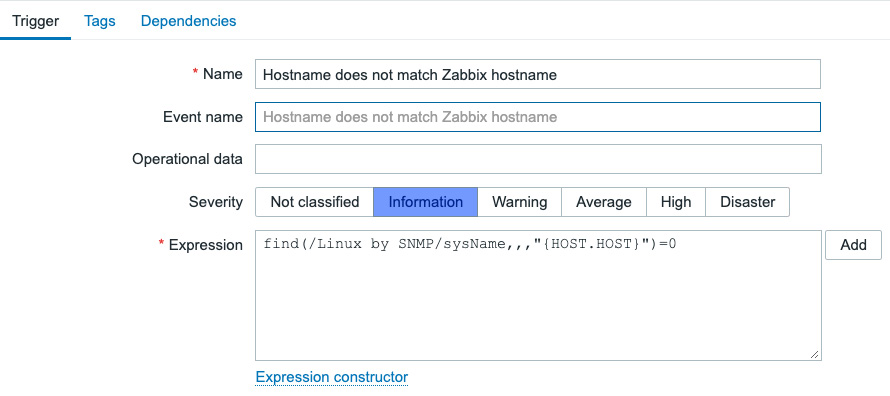 Figure 5.22 – Trigger creation window for hostname match
