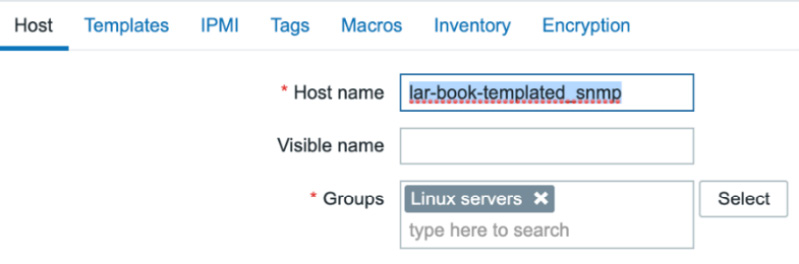 Figure 5.27 – Zabbix host configuration page for host lar-book-templated_snmp
