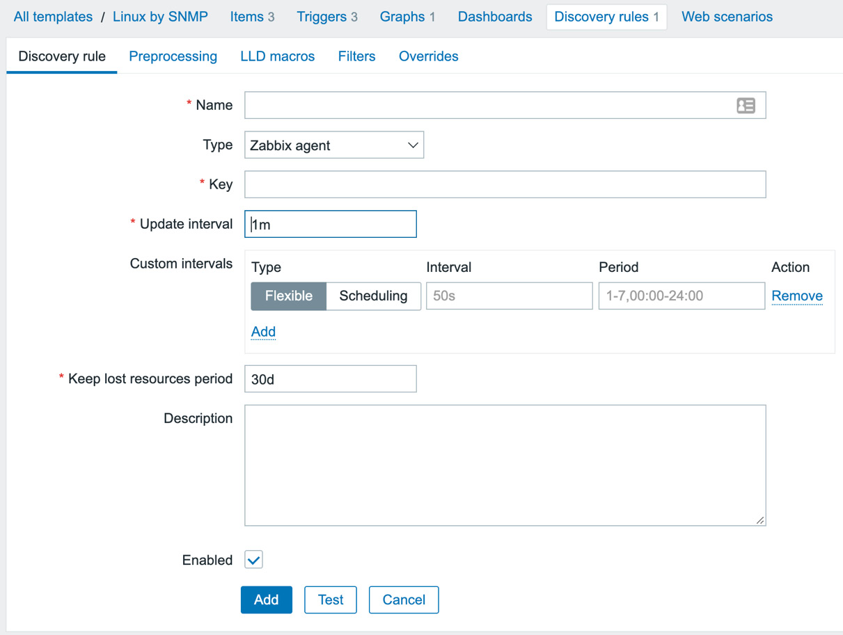 Figure 5.29 – Zabbix LLD creation page, empty
