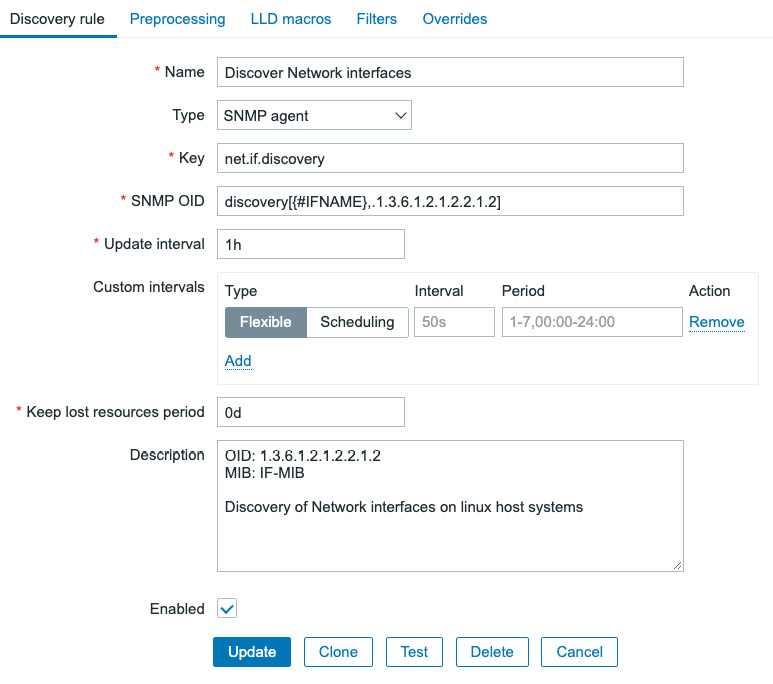 Figure 5.30 – Zabbix LLD creation page filled with our information for network interface discovery
