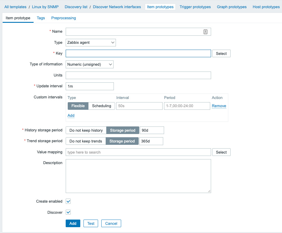 Figure 5.31 – Zabbix LLD Item prototype creation page, empty
