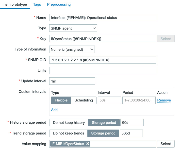 Figure 5.32 – Zabbix LLD item prototype creation page filled with our information for interface operational status
