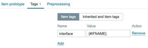 Figure 5.33 – Zabbix LLD item prototype tag creation tab
