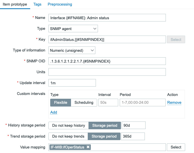 Figure 5.34 – Zabbix LLD item prototype creation page filled with our information for interface admin status
