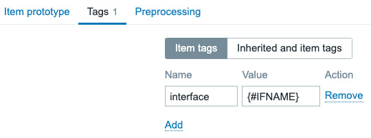 Figure 5.35 – Zabbix LLD item 2 prototype tag creation tab
