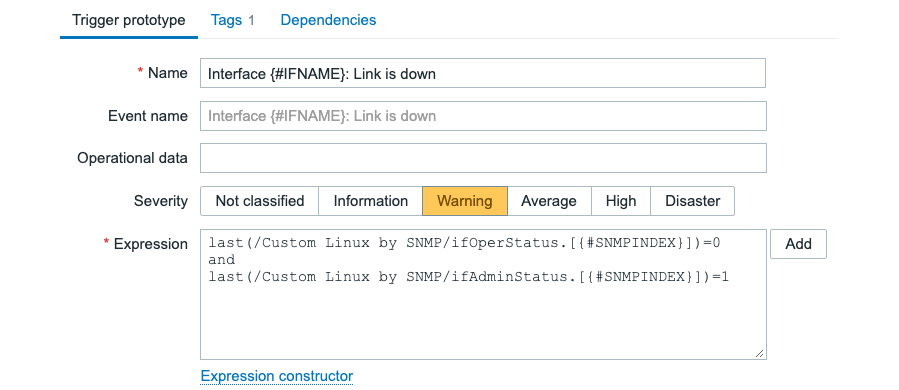 Figure 5.36 – Zabbix LLD trigger prototype creation page filled with our information for interface link status
