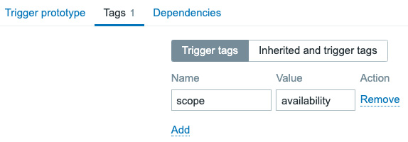 Figure 5.37 – Zabbix LLD trigger prototype creation page Tags tab
