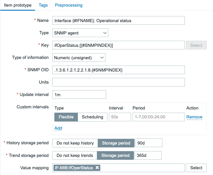 Figure 5.39 – Zabbix LLD item prototype name, type, key, and OID
