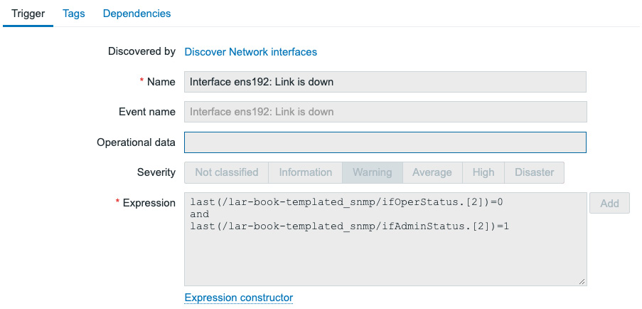 Figure 5.42 – Our SNMP-monitored host trigger for ens192
