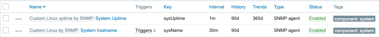 Figure 5.47 – Our Hosts | Items page for host lar-book-templated_snmp
