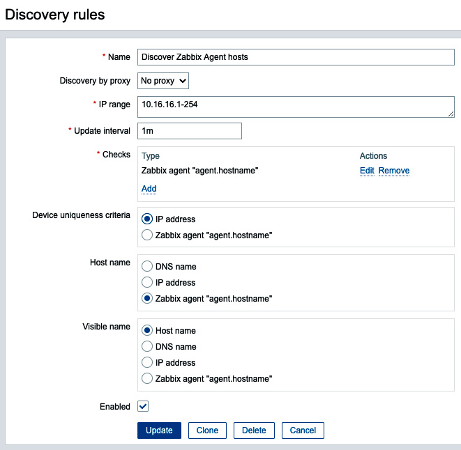 Figure 7.1 – Discovery rules page for Zabbix agent hosts
