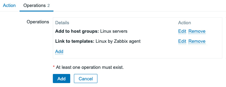 Figure 7.4 – Create Discovery action Operations page for Zabbix agent hosts
