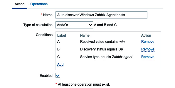 Figure 7.6 – Create Discovery Action page for Windows Zabbix agents
