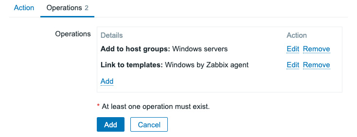 Figure 7.7 – Create Discovery action Operations page for Windows Zabbix agents
