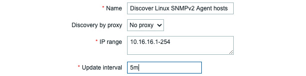 Figure 7.10 – Configuration | Discovery, discovery rule creation page for SNMPv2 agents
